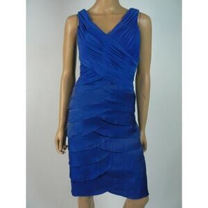 $120 Chaya Sapphire Blue Jersey Vneck Satin Tiered Sheath Dress 8  NEW